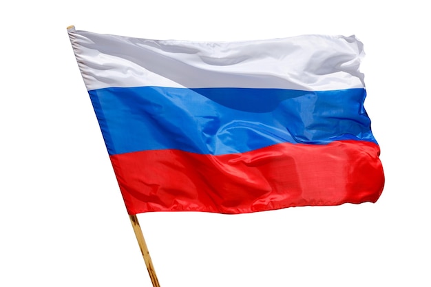 Zdjęcie rozwijanie rosyjskiej flagi na białym tle
