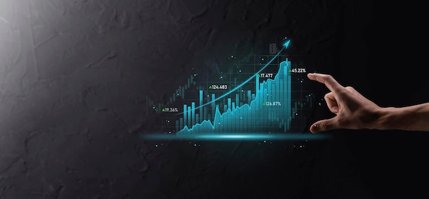 Rozwój biznesu, plan finansowy i strategia. Analiza wykresu finansów i inwestycji na wykresie rynku. Giełda w gospodarce cyfrowej. Plan rozwoju i wzrostu. Bankowość inwestycyjna na giełdzie.