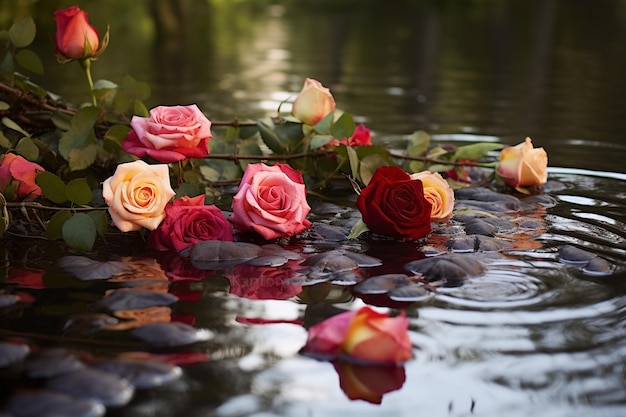 Róży odbijające się w nieruchomym zbiorniku wody