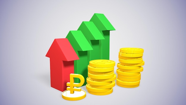 Rubel rosyjski moneta i histogram wzrostu znaku 3drendering