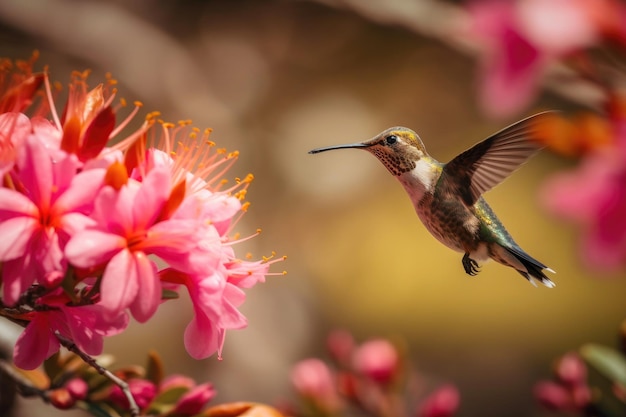 Rubythroated Hummingbird i różowe letnie kwiaty Generatywna sztuczna inteligencja