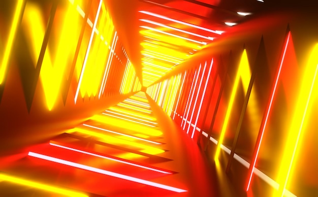 Ruch abstrakcyjny cyfrowy kwadrat kolorowy neon tło Ulica futurystycznej ilustracji generowanej cyfrowo Big data sieć komputerowa czerwony żółty neon Sci Fi Neon Świecące światła w ciemności