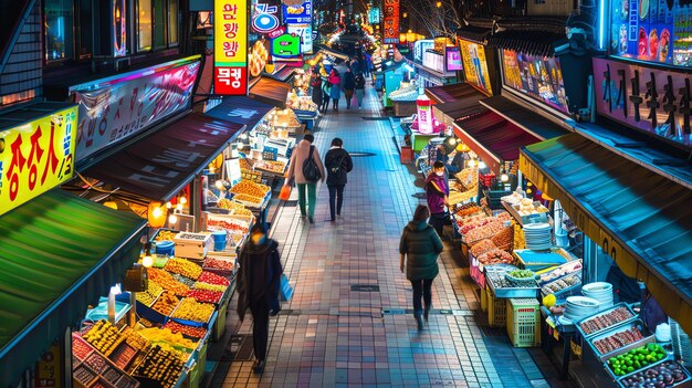 Zdjęcie ruchliwy azjatycki rynek z kolorowymi stoiskami sprzedającymi różnorodne towary