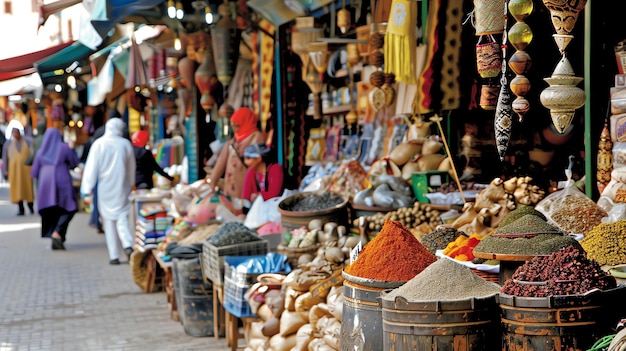 Zdjęcie ruchliwy rynek w maroku rynek jest pełen ludzi kupujących i sprzedających różnorodne towary