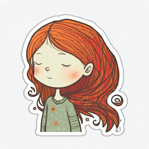 ruda dziewczyna płaski wektor naklejka ilustracja ładny postać z kreskówki pastelowy zestaw clipartów marzycielski