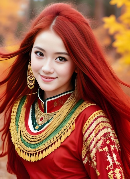 Rudowłosa dziewczyna w chińskim stroju narodowym w jesiennym parku