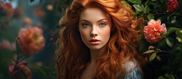 Rudowłosa dziewczyna z piwonią w celtyckim krajobrazie symbolizującym piękno i kobiecość