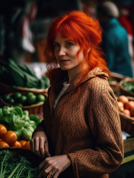 Rudowłosa kobieta udała się na targ po warzywa generatywne ai