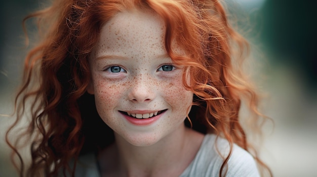 Rudowłosa piękna mała dziewczynka z uśmiechniętymi piegami. Zdjęcie wysokiej jakości