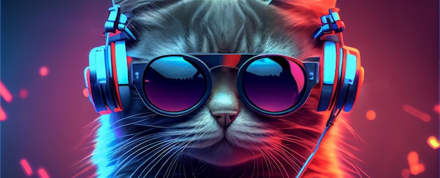 Rudowłosy kot ze słuchawkami i modnymi okularami słucha elektronicznej kwaśnej muzyki na pomarańczy