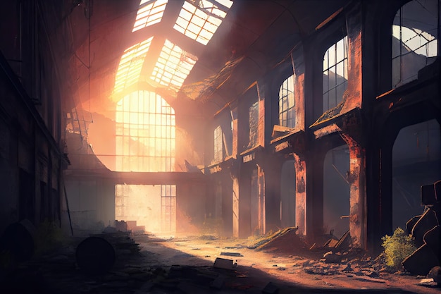 Ruina przemysłowa ze słońcem świecącym przez wybite okna i kurzem w powietrzu