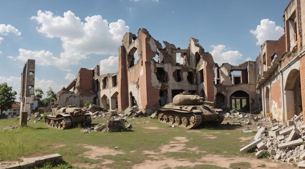 Zdjęcie ruiny miasta z wojny światowej z pojazdami artyleryjskimi