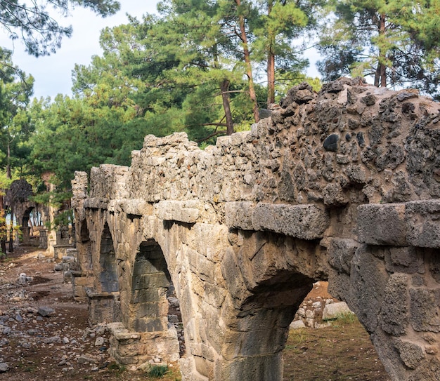 Ruiny starożytnego rzymskiego akweduktu wśród lasu w antycznym mieście Phaselis