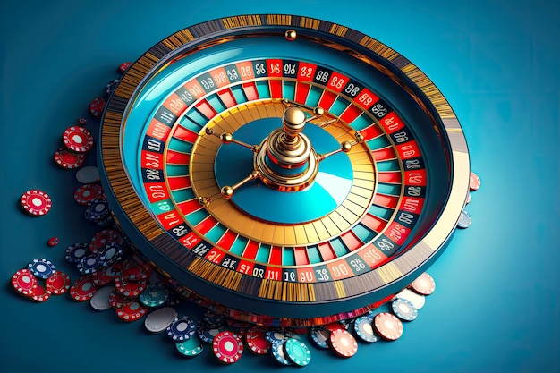 Ruletka do gry z żetonami kasyna rozrzuconymi wokół niej