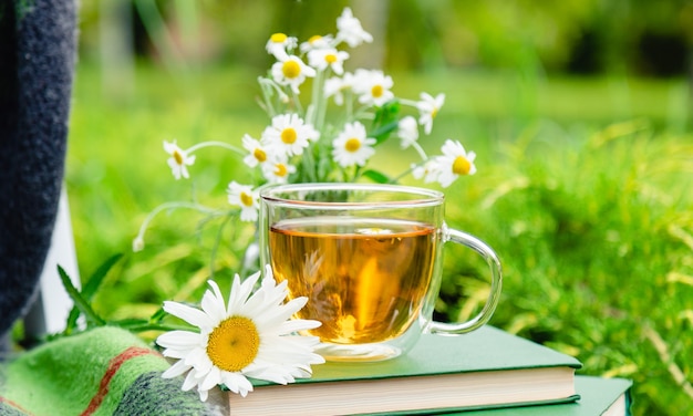 Zdjęcie rumiankowa herbata. szklana filiżanka herbaty ziołowej rumianku z kwiatem rumianku na książkach i ciepły pled odkryty z tłem przyrody w ogrodzie. romantyczne śniadanie rekreacyjne, gorący napój