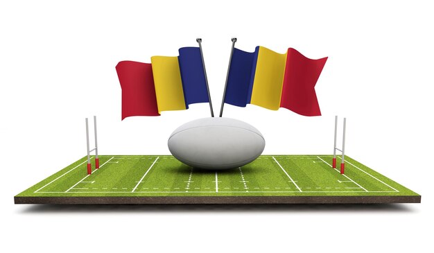 Rumuńskie flagi z piłką do rugby i boiskiem Renderowanie 3D