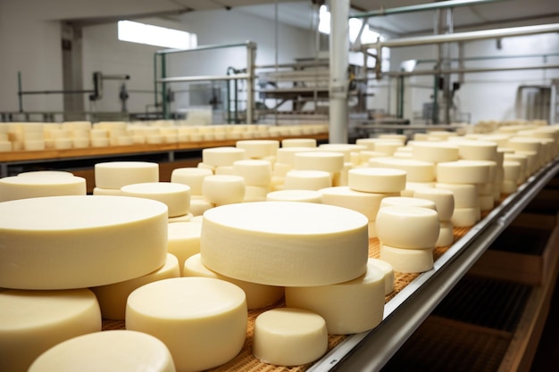 Rundy sera na przenośniku do przetwarzania w fabryce przemysłowej, z naciskiem na pierwszy plan Obraz oddaje wrażenie masowej produkcji i wydajności odpowiedniej dla przemysłowych motywów żywności