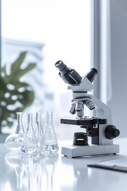 Rure testowe, kubki, mikroskop w białym laboratorium