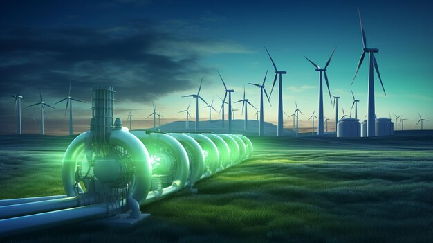 Rurociąg wodorowy z turbinami wiatrowymi i w tle Koncepcja produkcji zielonego wodoru