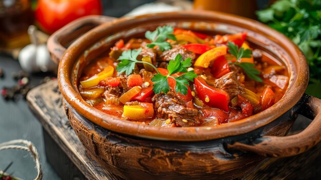 Rustic Beef Stew w glinianym garnku z warzywami, ziołami i przyprawami na ciemnym drewnianym stole