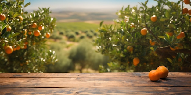 Rustic drewniany stół z niewyraźnym tłem farmy plantacji pomarańczowych owoców w letnim słońcu
