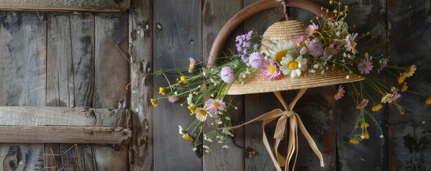 Zdjęcie rustic elegance ręcznie wykonany wielkanocny kapelusz z wiosennymi kwiatami na starym kołnierzu