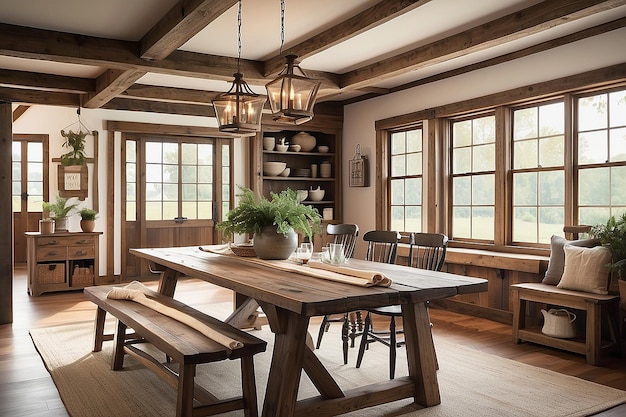 Rustic Farmhouse Dining Room Przyjemna elegancja i naturalne światło
