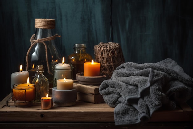 Rustic Spa Therapy Soothing Luminescent Candles and Maori Art Towels Amidst Dark Grey and Light