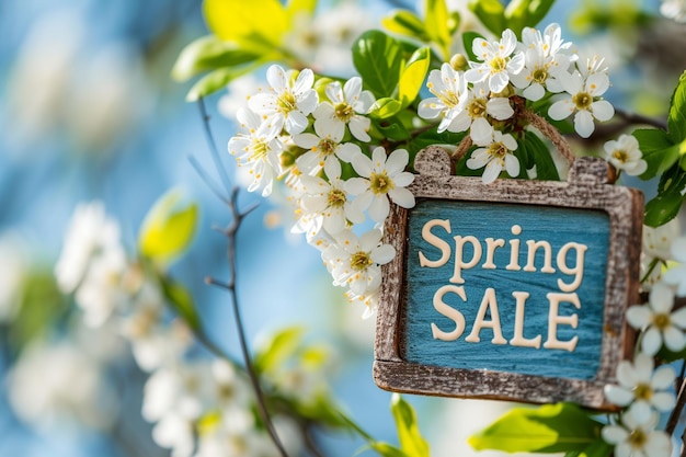 Rustic Spring Sale Signboard umieszczony wśród delikatnych białych kwiatów wiosennych na tle jasnego niebieskiego nieba.