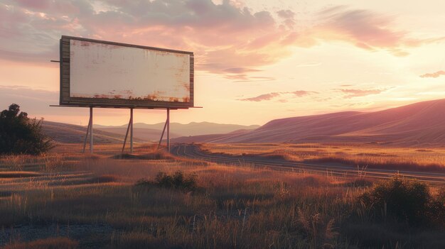 Zdjęcie rustic vintage billboard mockup w serene countryside przy zachodzie słońca