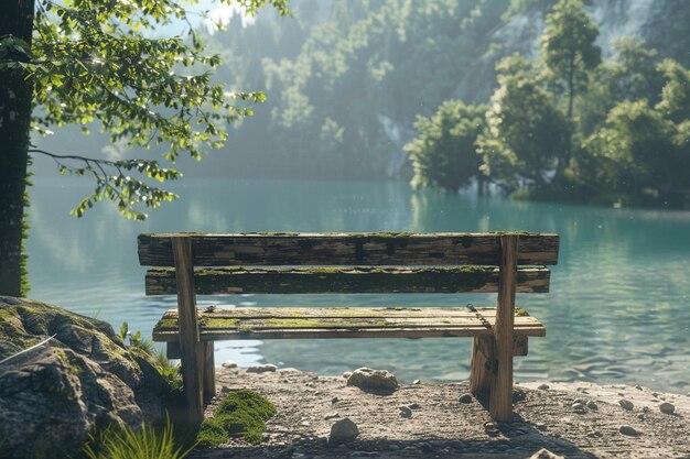 Zdjęcie rustyczna drewniana ławka z widokiem na spokojne jezioro