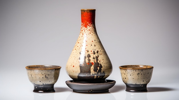 Zdjęcie rustyczna drewniana podstawa z eleganckim zestawem sake