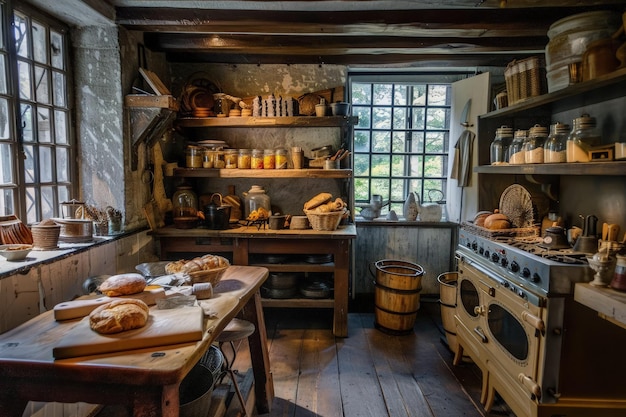 Zdjęcie rustyczna kuchnia z drewnianym stołem i półkami