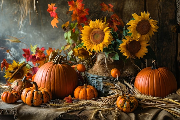 Rustyczna scena jesienna z dyniami, pszenicą i słonecznikami wygenerowanymi przez sztuczną inteligencję