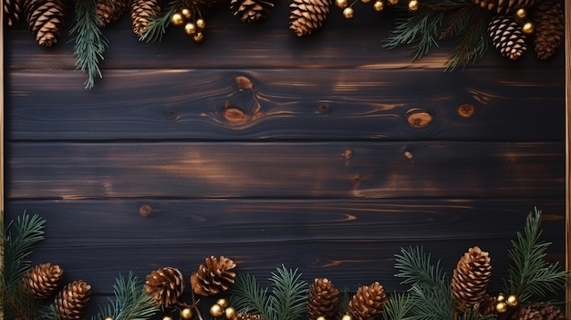 Rustyczne drewniane tło z sosnowymi stożkami i gałęziami sosnowymi