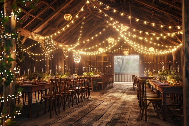 Rustyczne śluby w stodołach z świecącymi światłami
