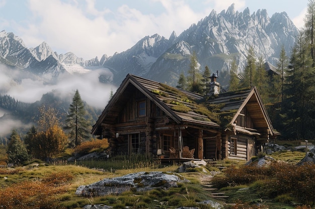 Rustyczny drewniany domek położony w górach