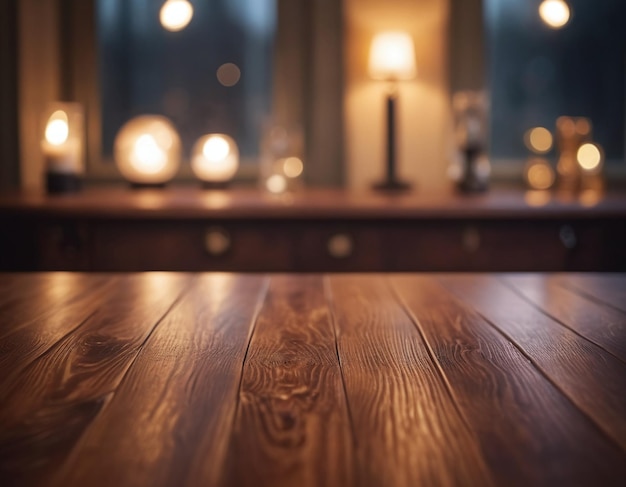 Rustyczny drewniany stół z efektami światła bokeh na tle