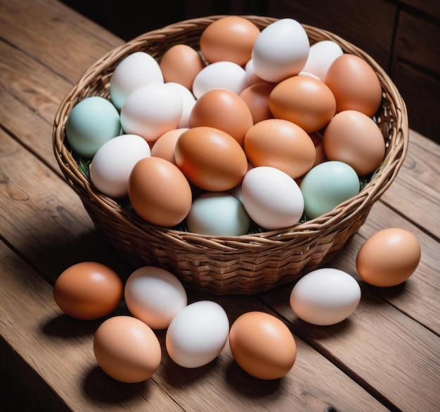Rustyczny koszyk pełen świeżych jaj umieszczonych na drewnianym stole