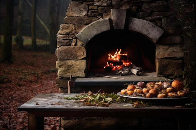 Rustyczny piec do pizzy wbudowany w starą kamienną ścianę