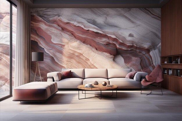 Zdjęcie rustyczny salon z nowoczesnymi meblami i żywotnym malowidłem muralnym w krystalicznym stylu 3d