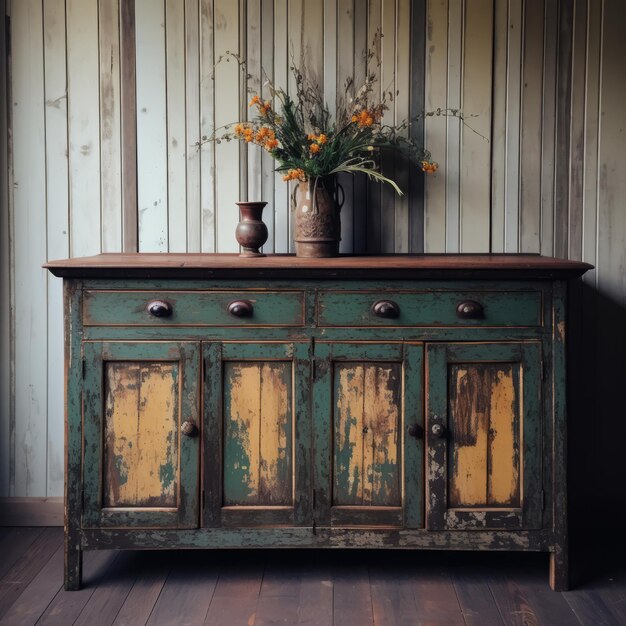 Rustyczny, starożytny, pomalowany sideboard z vintage urokiem