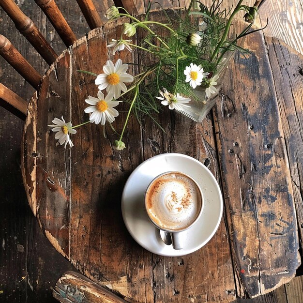 Rustyczny stolik do kawy z pianką cappuccino i kwiatem