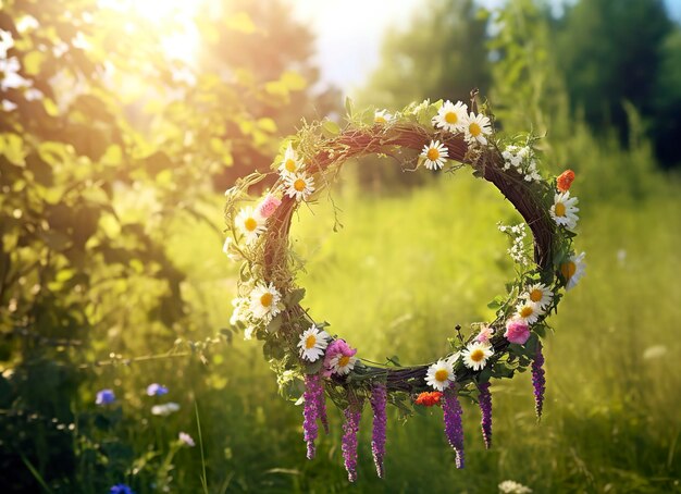 Zdjęcie rustyczny wieniec dzikich kwiatów na słonecznej łące koncepcja dnia przesilenia letniego