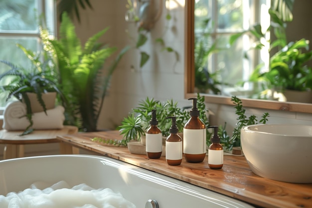 Zdjęcie rustykalna łazienka wzbogacona o naturalne produkty do pielęgnacji skóry i bujną zielenię