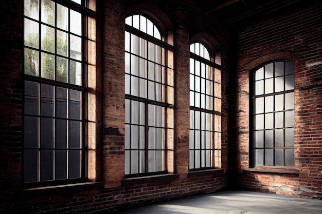 Rustykalna przemysłowa ściana z cegły z postarzanym wykończeniem i dużymi oknami wpuszczającymi naturalne światło