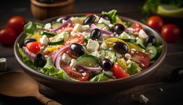 Zdjęcie rustykalna sałatka grecka z mozzarellą feta i świeżymi warzywami wygenerowana przez ai