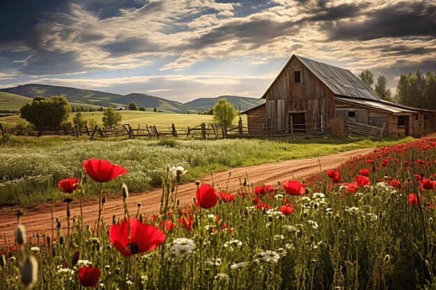 Zdjęcie rustykalna stodoła otoczona kwitnącymi polami