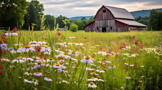 Rustykalna stodoła otoczona łąką dzikich kwiatów