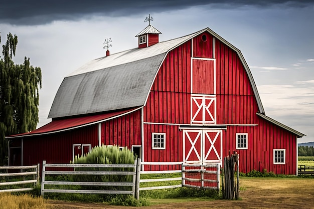 Rustykalna stodoła z czerwoną powierzchownością i białym wykończeniem otoczona tocznymi pastwiskami